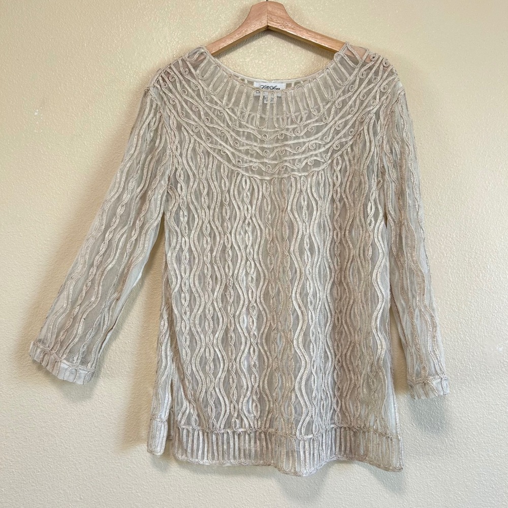 Lilli Ann Collections Cream Soutache Mesh Sheer‎ Long Sleeve Blouse Top Womens M